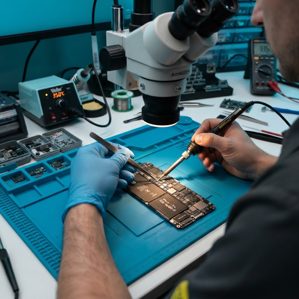 Präzise Reparaturarbeit an einer Platine unter dem Mikroskop in der Smartwerk-Werkstatt